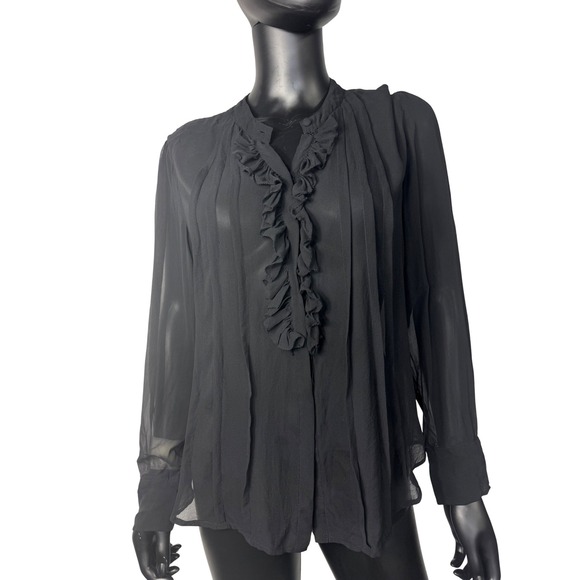 Victor Alfaro Silk Blouse Ruffle Front Long Sleeve Button Up Black Size 14 - Picture 1 of 8